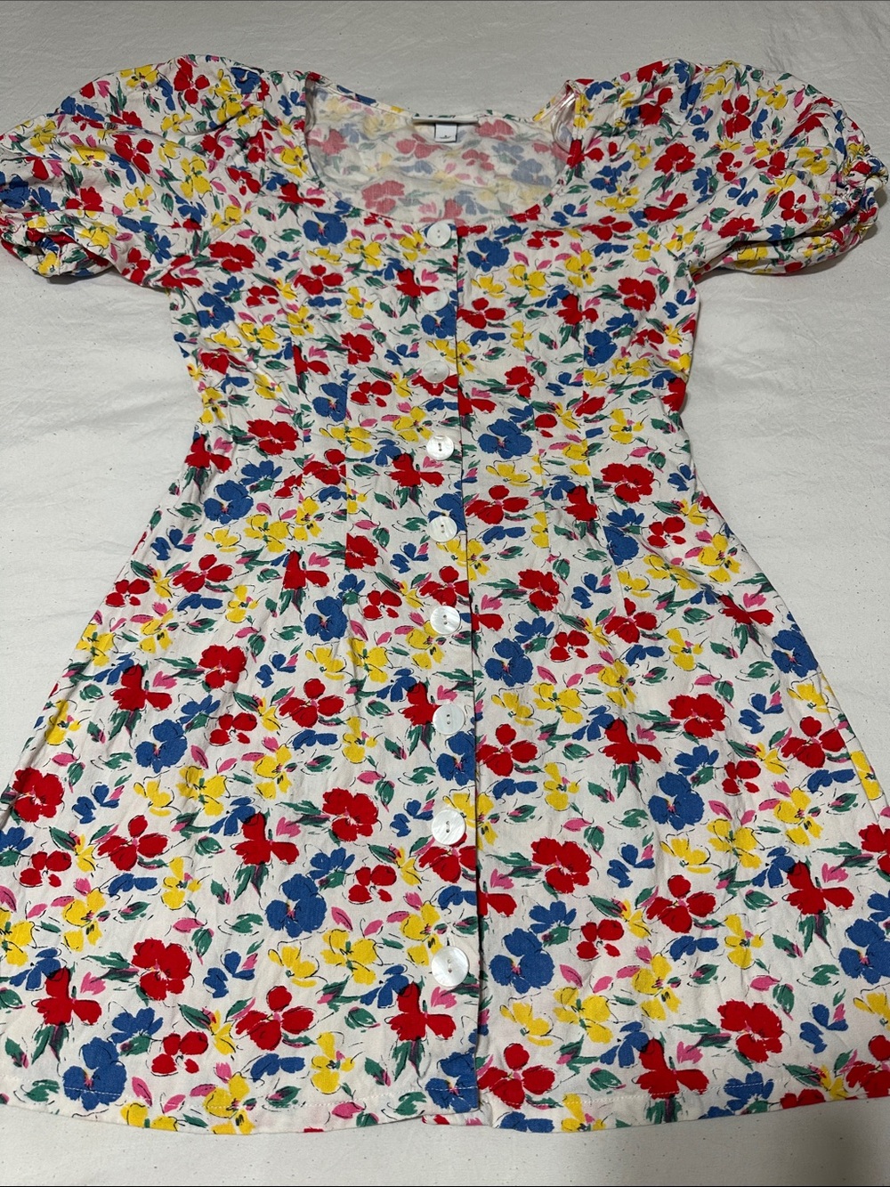 RIXO White Floral Mini Dress with Red, Blue & Yellow Flowers